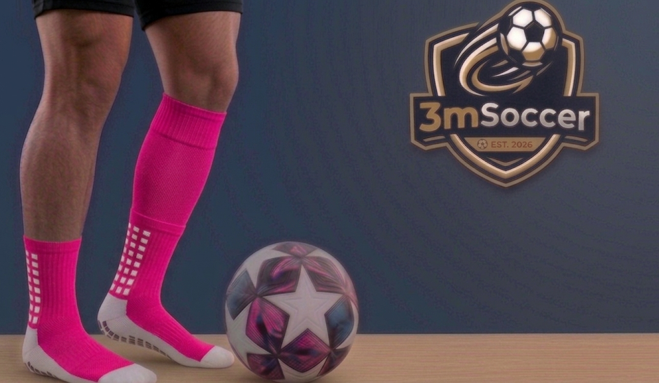 Person wearing pink soccer socks with a soccer ball and 3mSoccer logo on a blue background