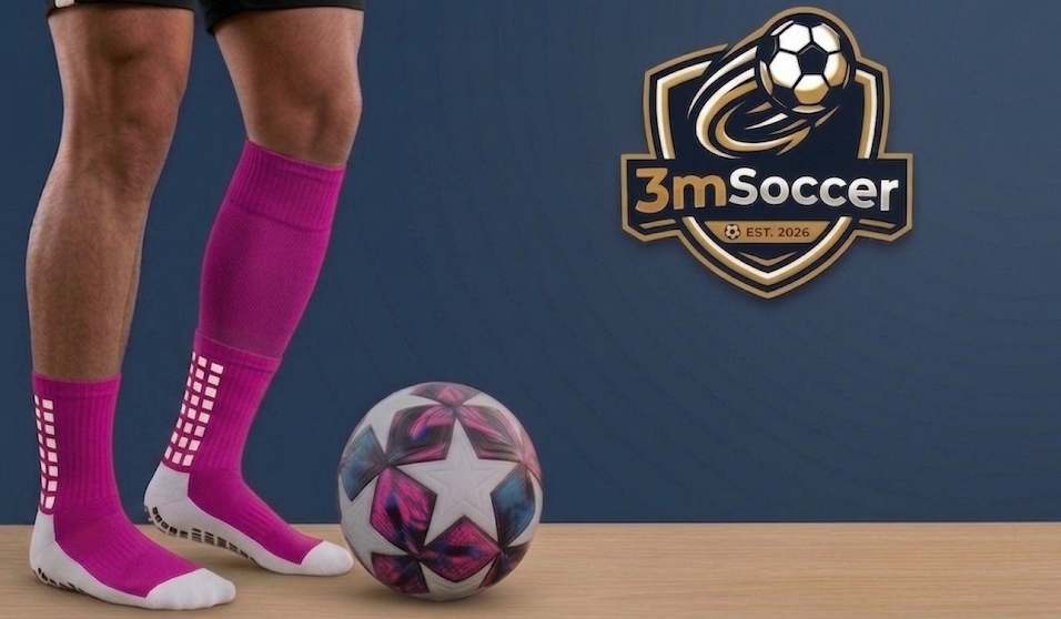 Person wearing pink soccer socks with a soccer ball and 3mSoccer logo on a blue background