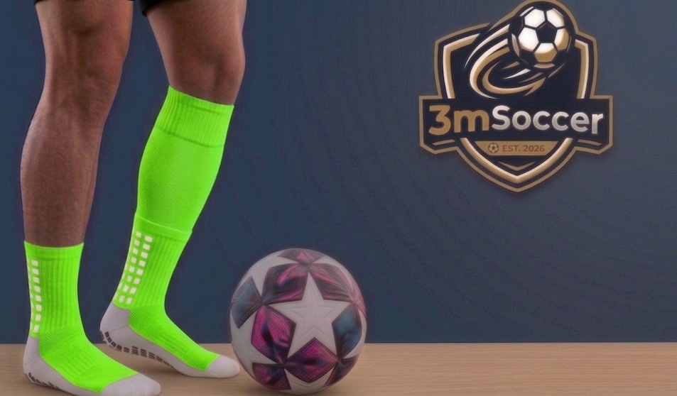 Person wearing bright green soccer socks with a soccer ball and 3mSoccer logo in the background.