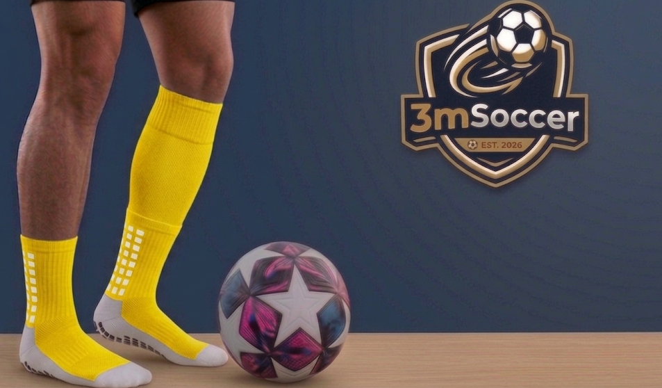 Person wearing yellow socks with a soccer ball and 3mSoccer logo on a blue background